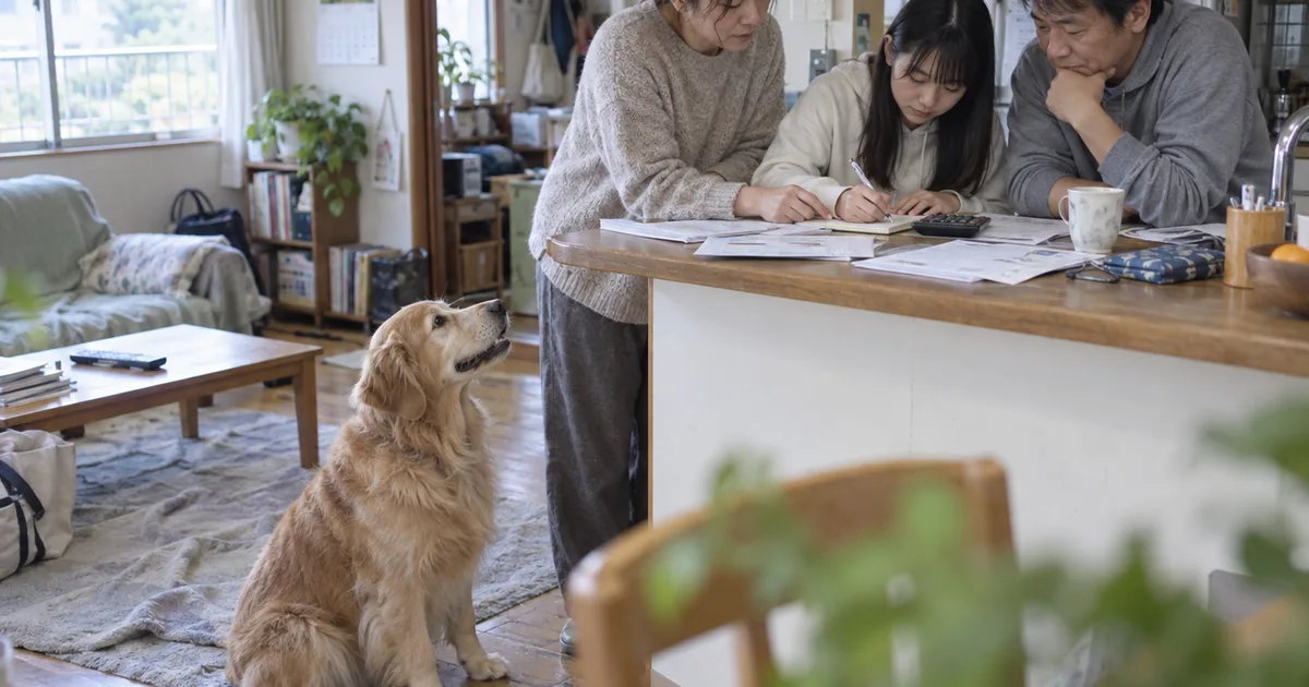 キッチンで費用をメモする10代の娘がいる家族と、足元で見上げるゴールデンレトリバー