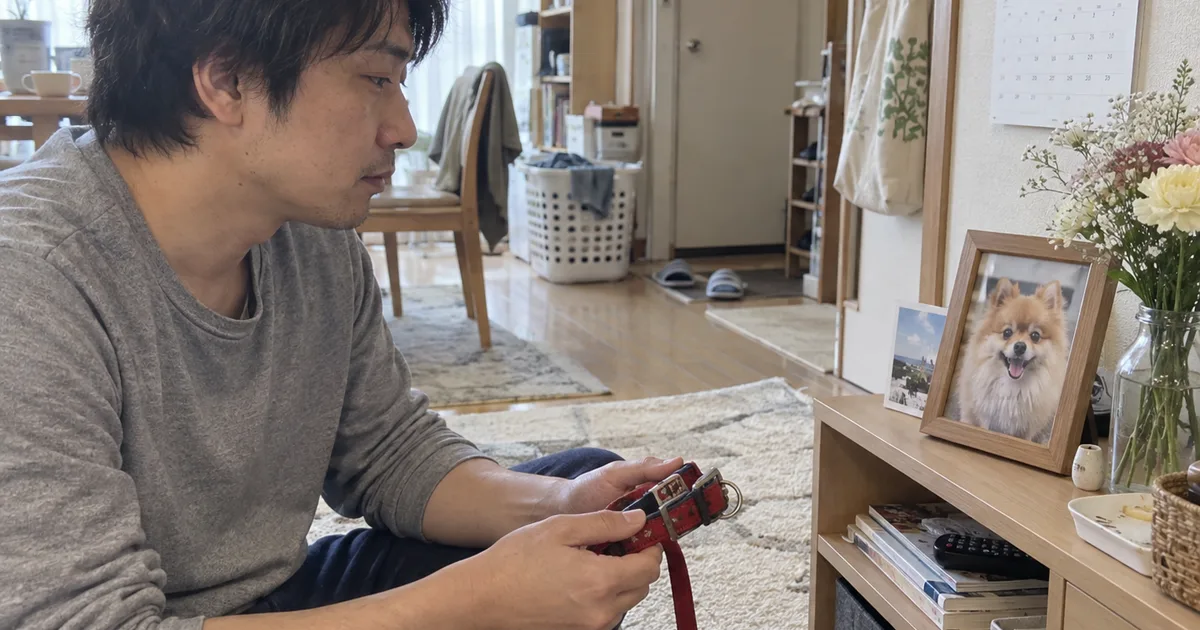 ポメラニアンの写真を見ながら首輪とリードを手にする30代の男性