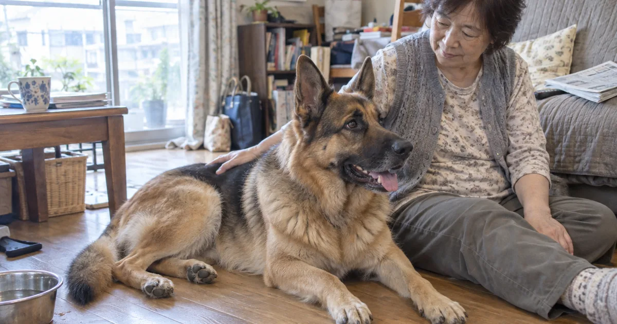 リビングの床で頭を上げるジャーマンシェパードと、背中に手を添える60代の女性