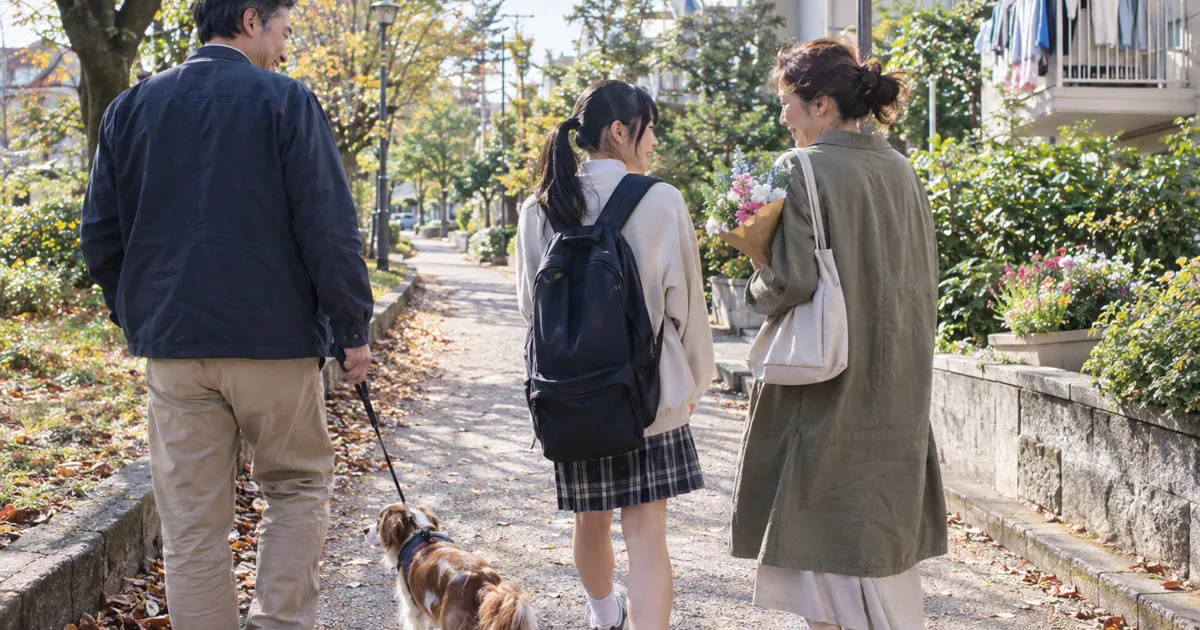 花束を持ち、リードをつけた小型犬と並木道を歩く10代の娘がいる家族