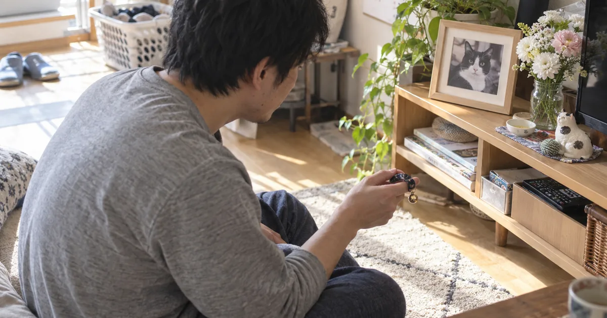 白黒の猫の写真のそばで鈴のついた首輪を手にする30代の男性