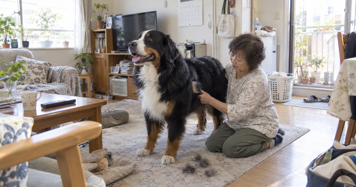 リビングの床でバーニーズマウンテンドッグをブラッシングする60代の女性
