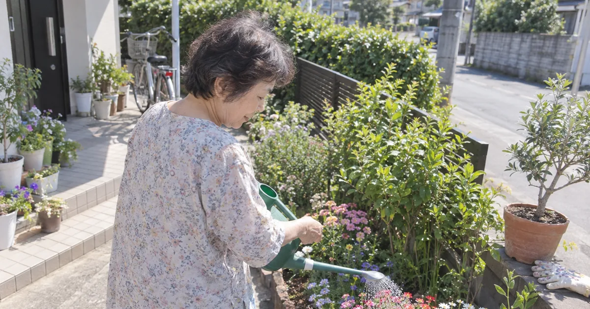 日当たりのよい庭で花に水をやる60代の女性