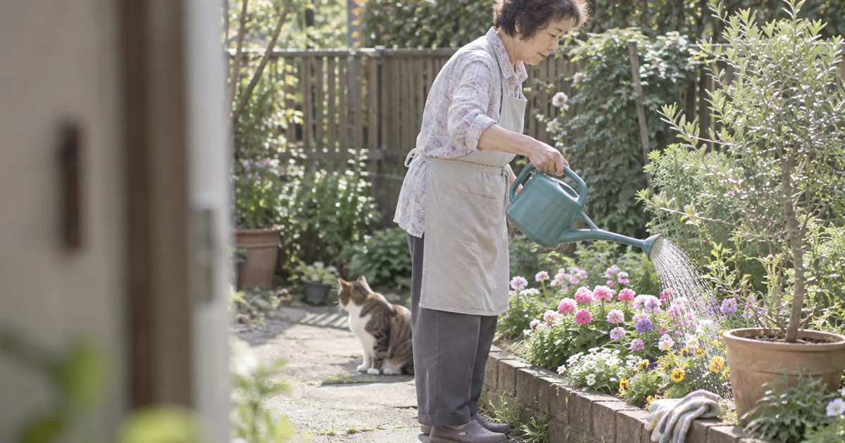 日当たりのよい庭で花に水をやる60代の女性